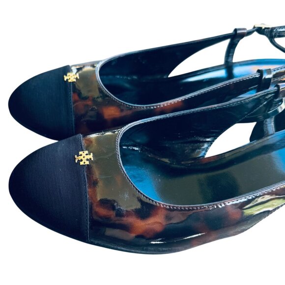 TORY BURCH Women's Size 8 Cap Toe Slingback Pump In Tortoise Patent / Black - Picture 7 of 13